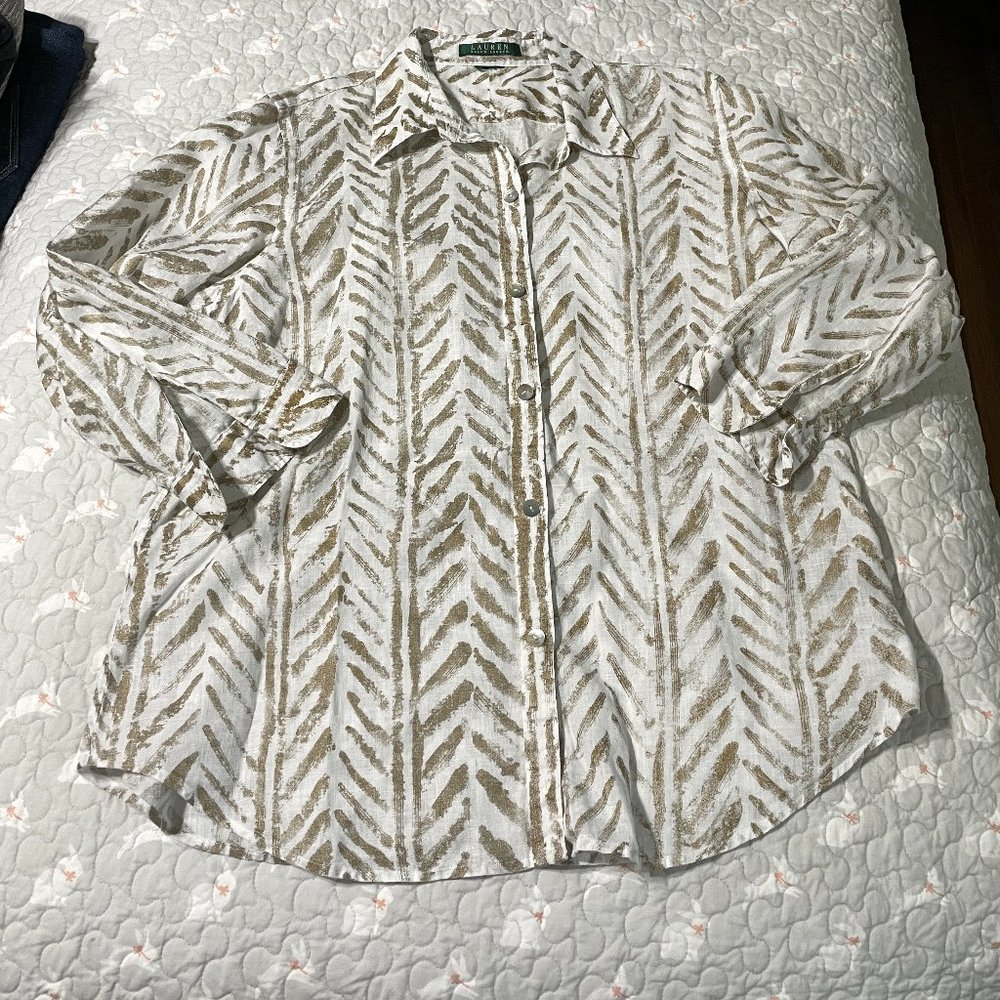 Lauren Ralph Lauren White linen blouse with Metallic Gold Print, Great Cond. M